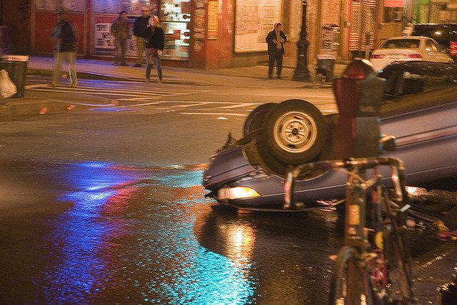 A car crash at the intersection of Smith &amp; Union streets in Brooklyn: "A drunk driver flipped his car"